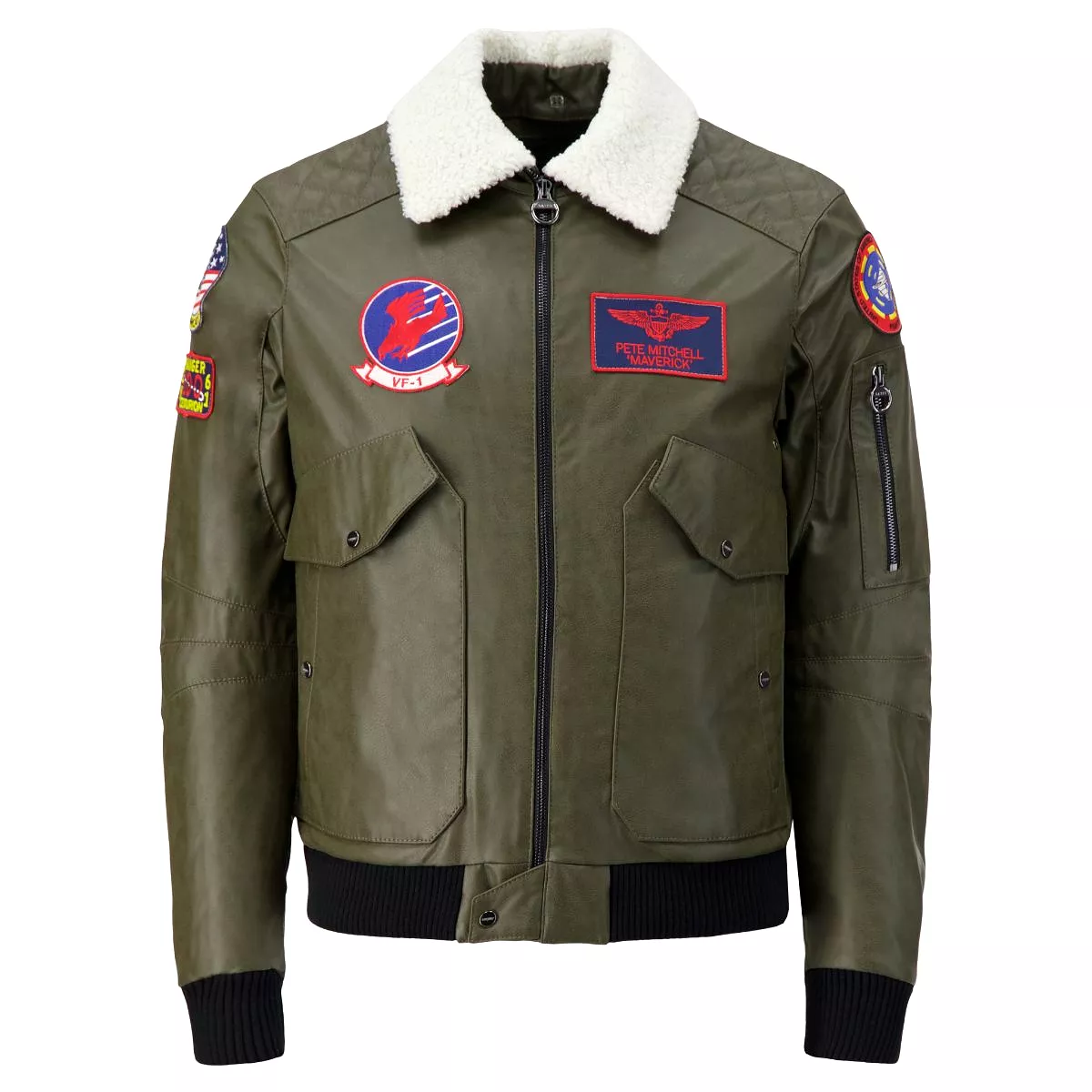 TOP GUN Unisex Vegan Leather Bomber Jacket - MILITARY GREEN