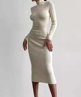 Turtleneck Long Sleeve Slim Midi Dress