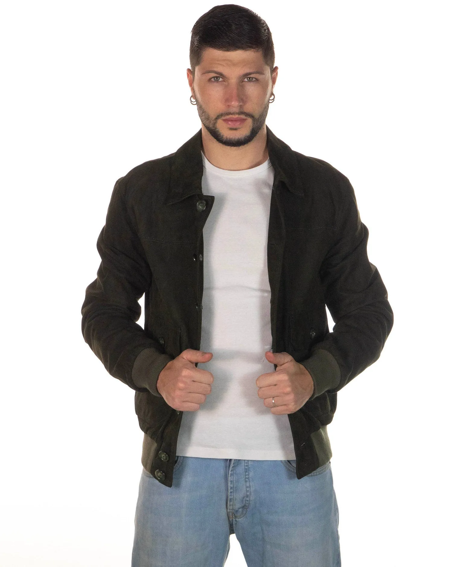 U03 - Bomber Uomo Verde in vera pelle camoscio