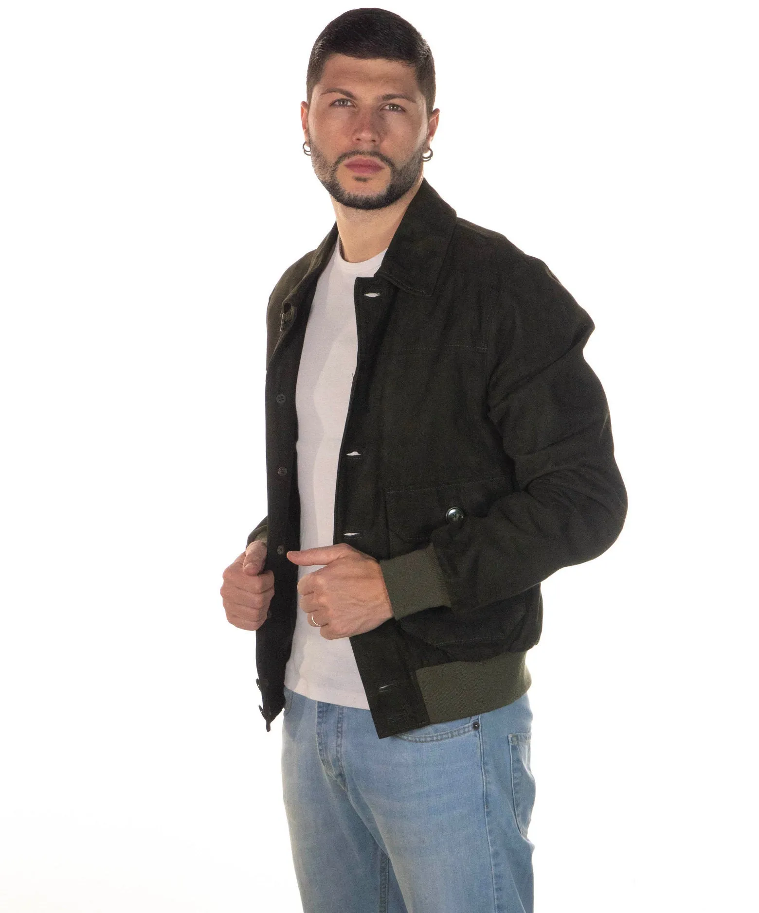 U03 - Bomber Uomo Verde in vera pelle camoscio