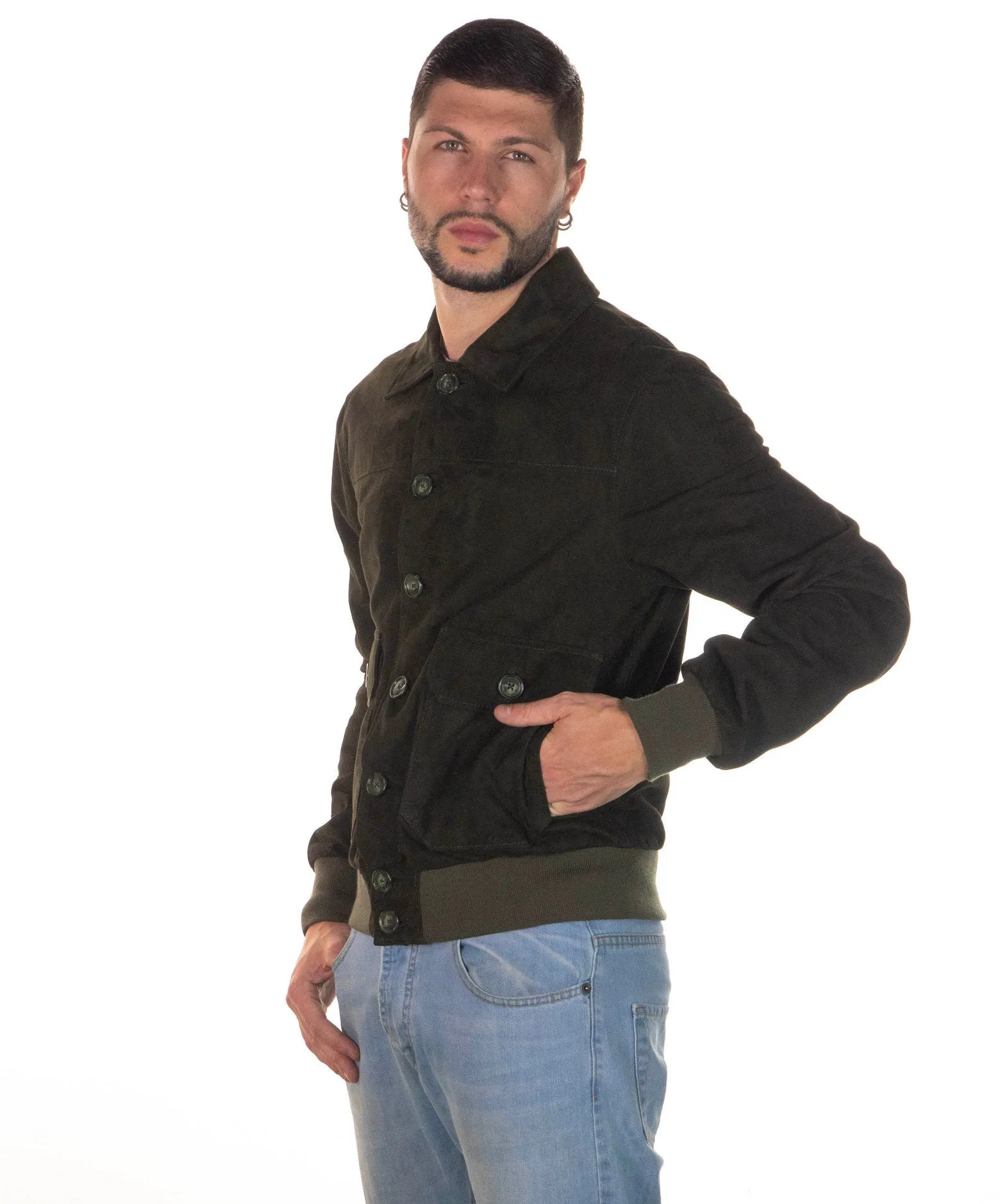 U03 - Bomber Uomo Verde in vera pelle camoscio