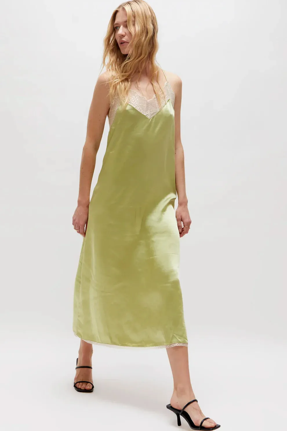 Wild Pony Green satin slip midi dress