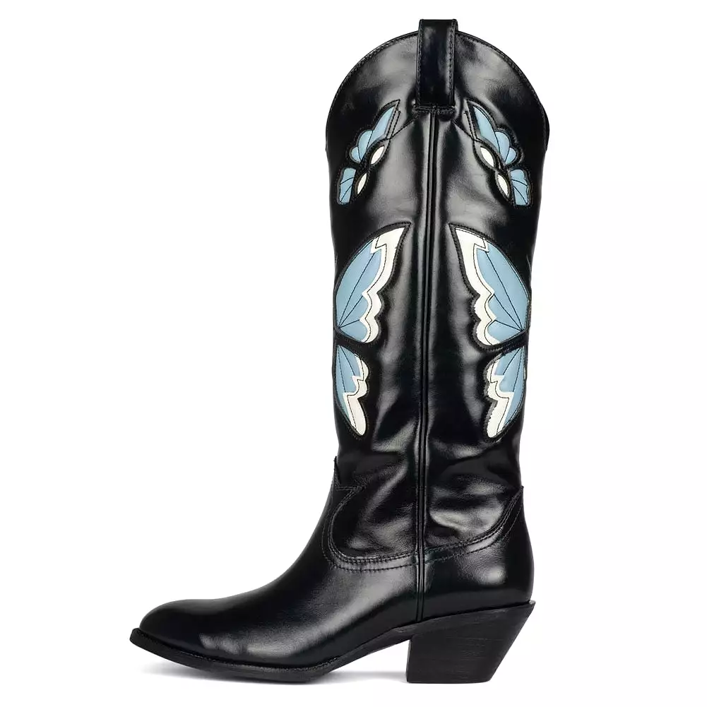 Womens Cowboy Cowgirl Mid Calf Boots Butterfly Embroidered Pointed Toe