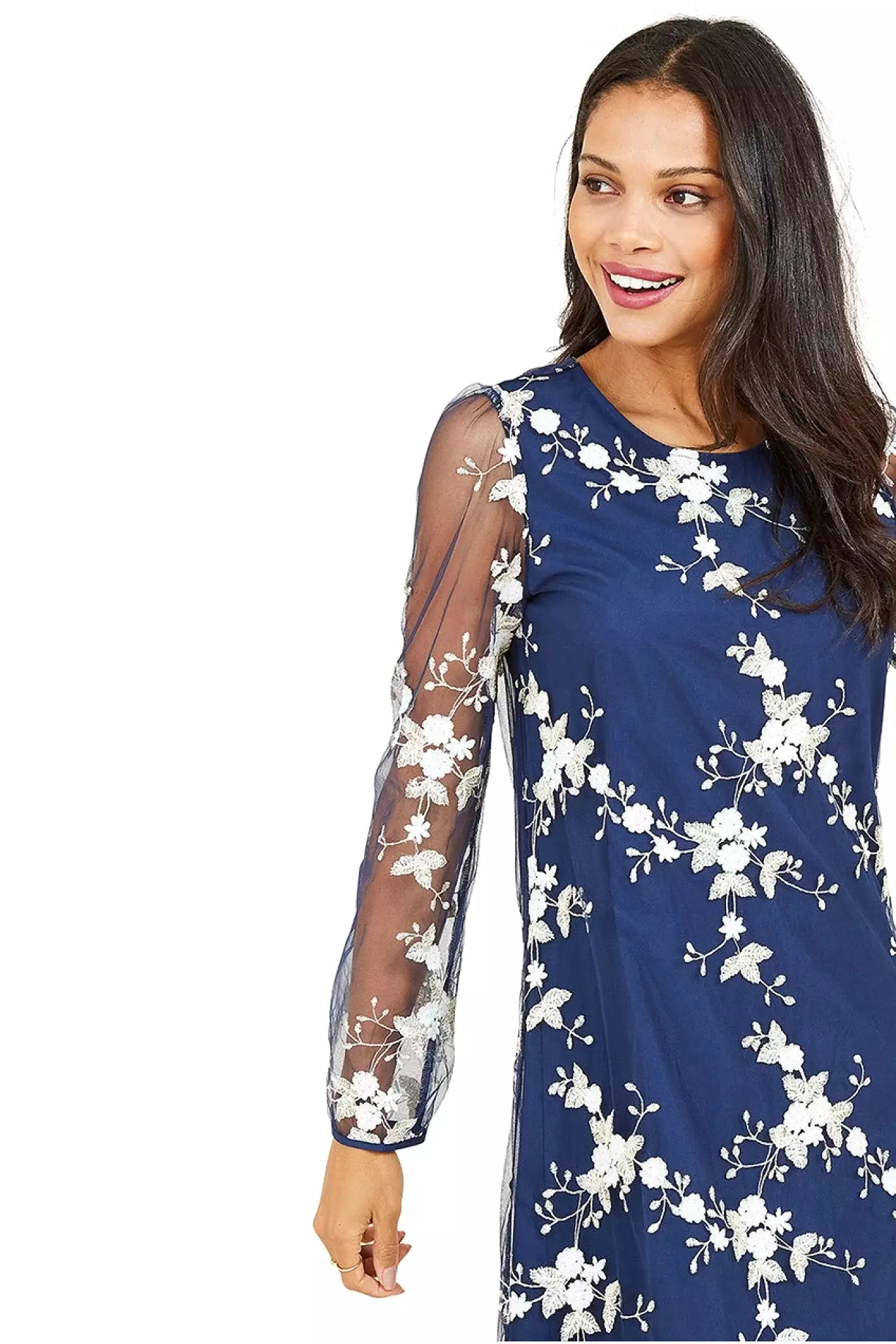 Yumi Navy Embroidered Lace Mesh Tunic